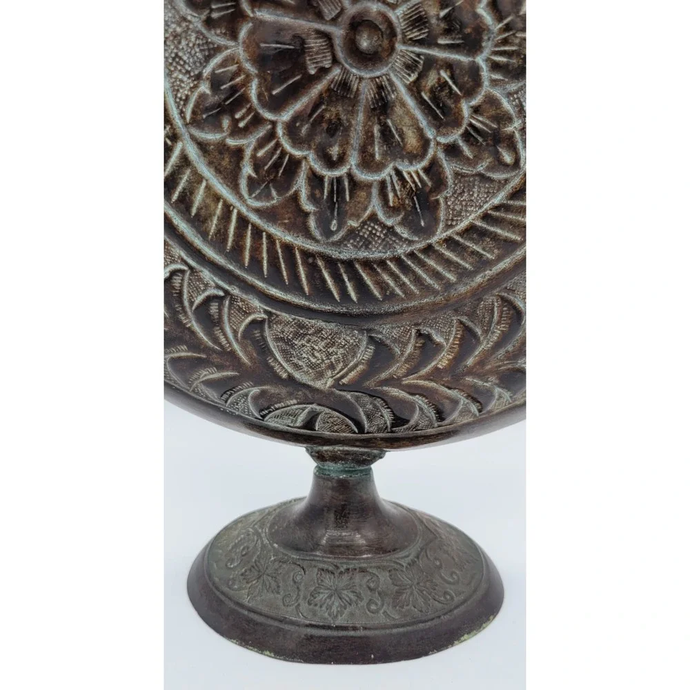 Rustic Medallion Oversized Round Metal Embossed Pedestal Vase 14.5x12.75x3 Brown